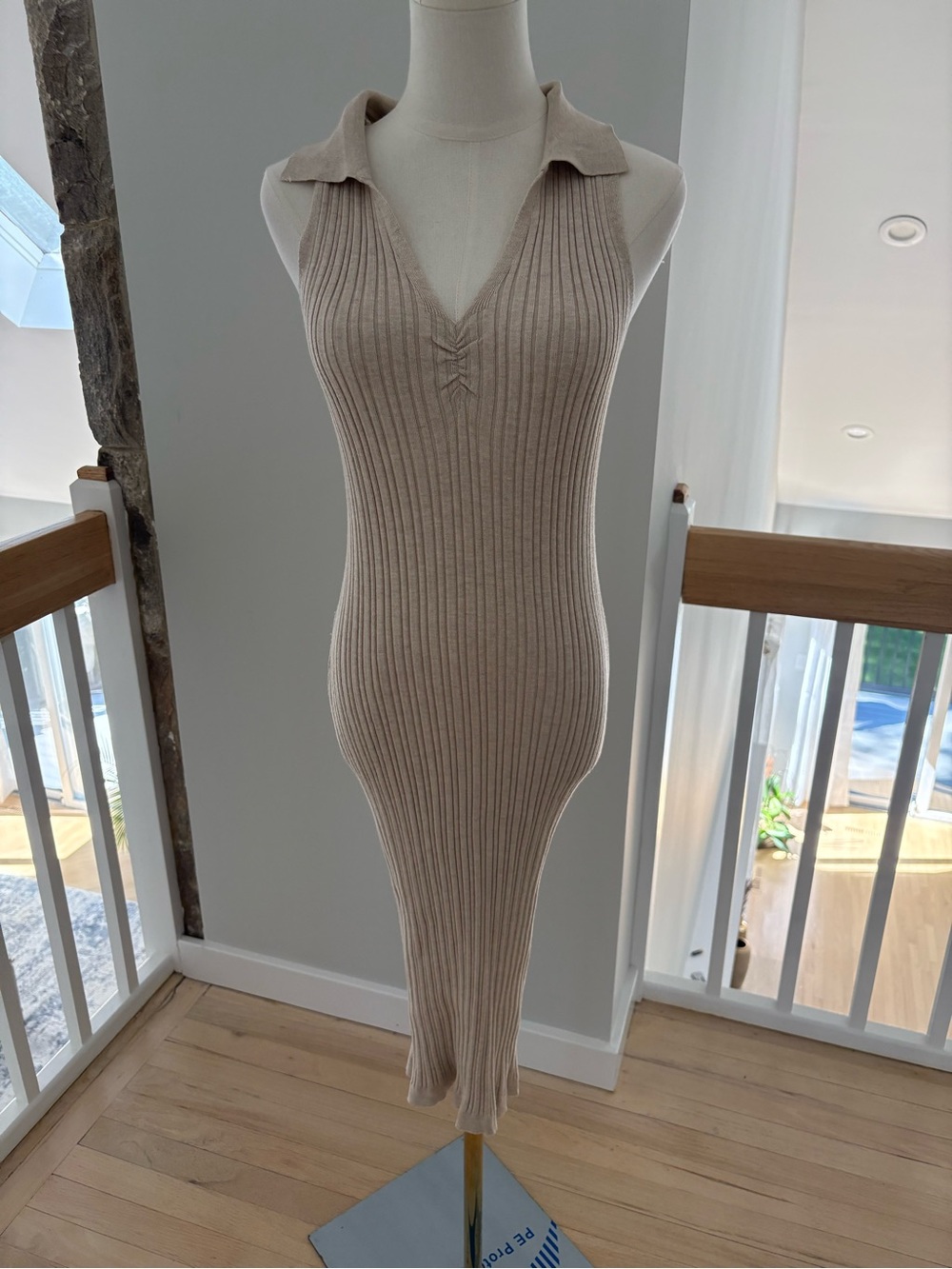 Pink Rose Ribbed Sleeveless Collared Midi Dress - Beige